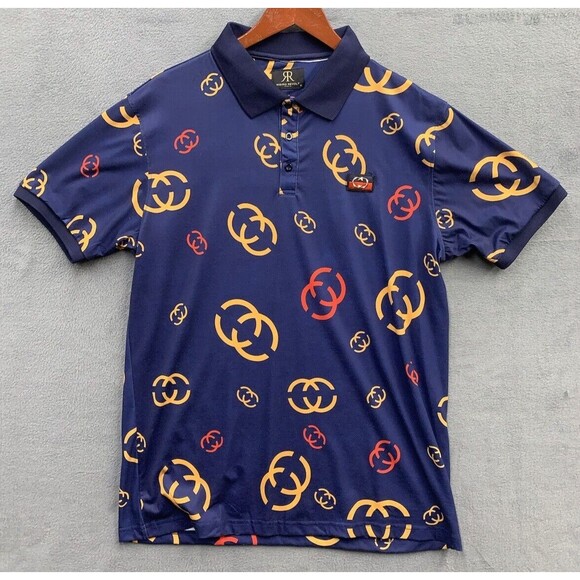 Rising Revolt Polo Shirt Men's Size XL Blue Short Sleeve Allover Geometric Logo - Picture 1 of 11